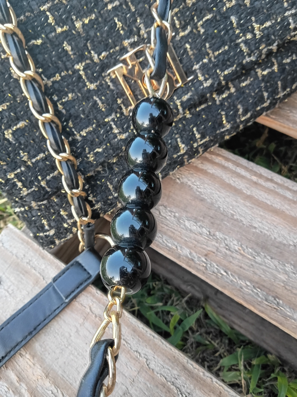 Badgley Mischka Black and Gold Textured Tweed Crossbody Bag - Picture 2 of 6
